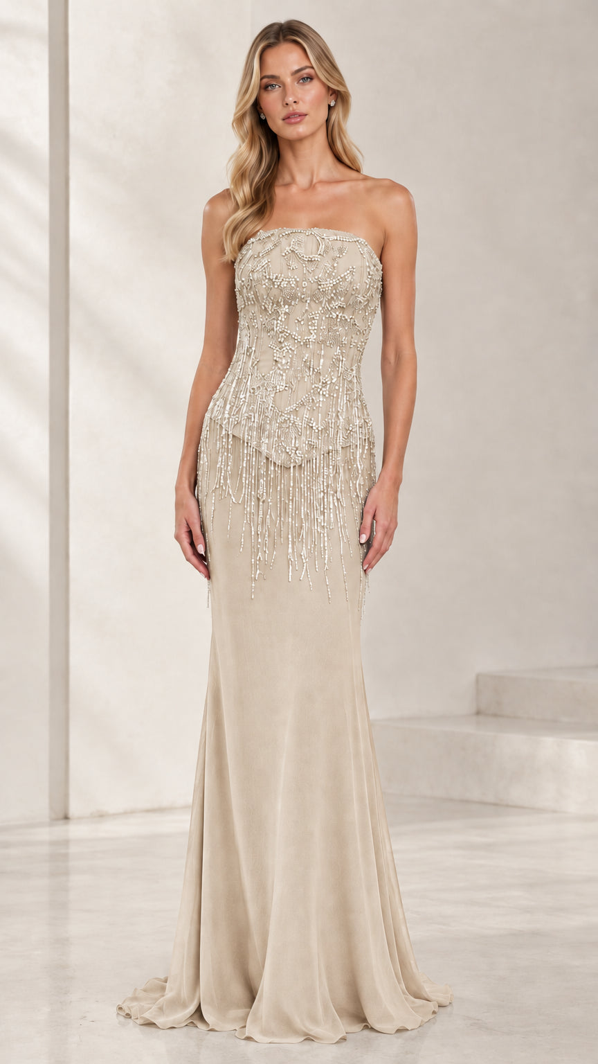 Model wearing champagne gold strapless beaded fringe evening dress