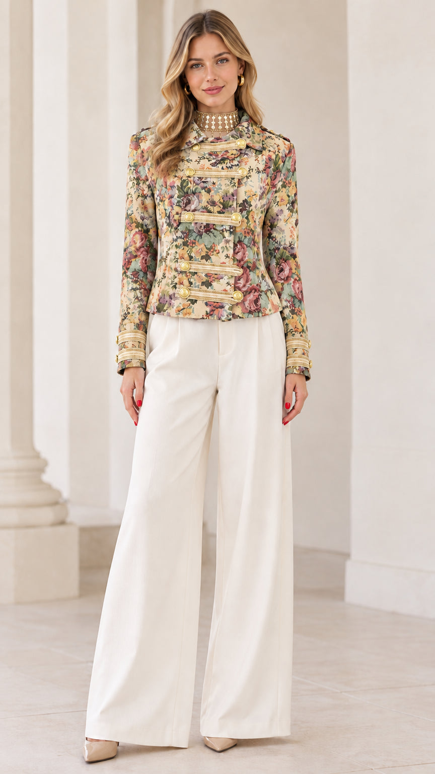 Full front view of Champagne Floral tapestry military jacket styled with white trousers