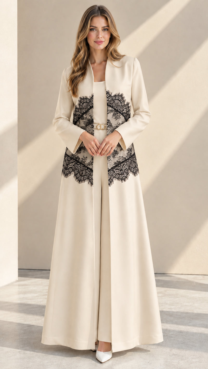 Champagne beige longline duster jacket set with black lace accent