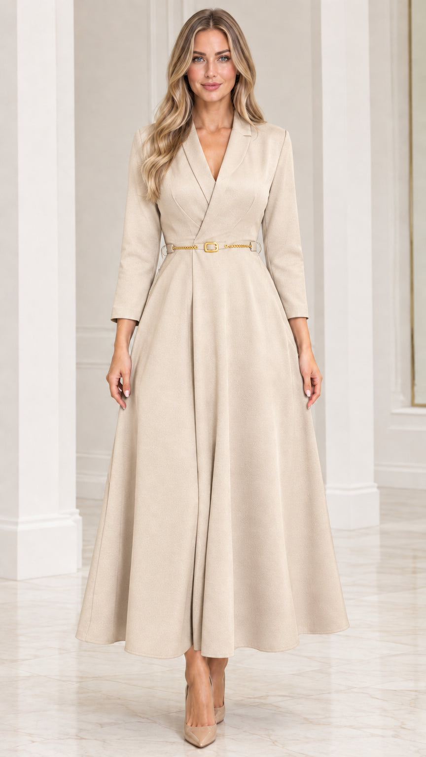 Model wearing beige cream lapel collar belted A-line maxi dress