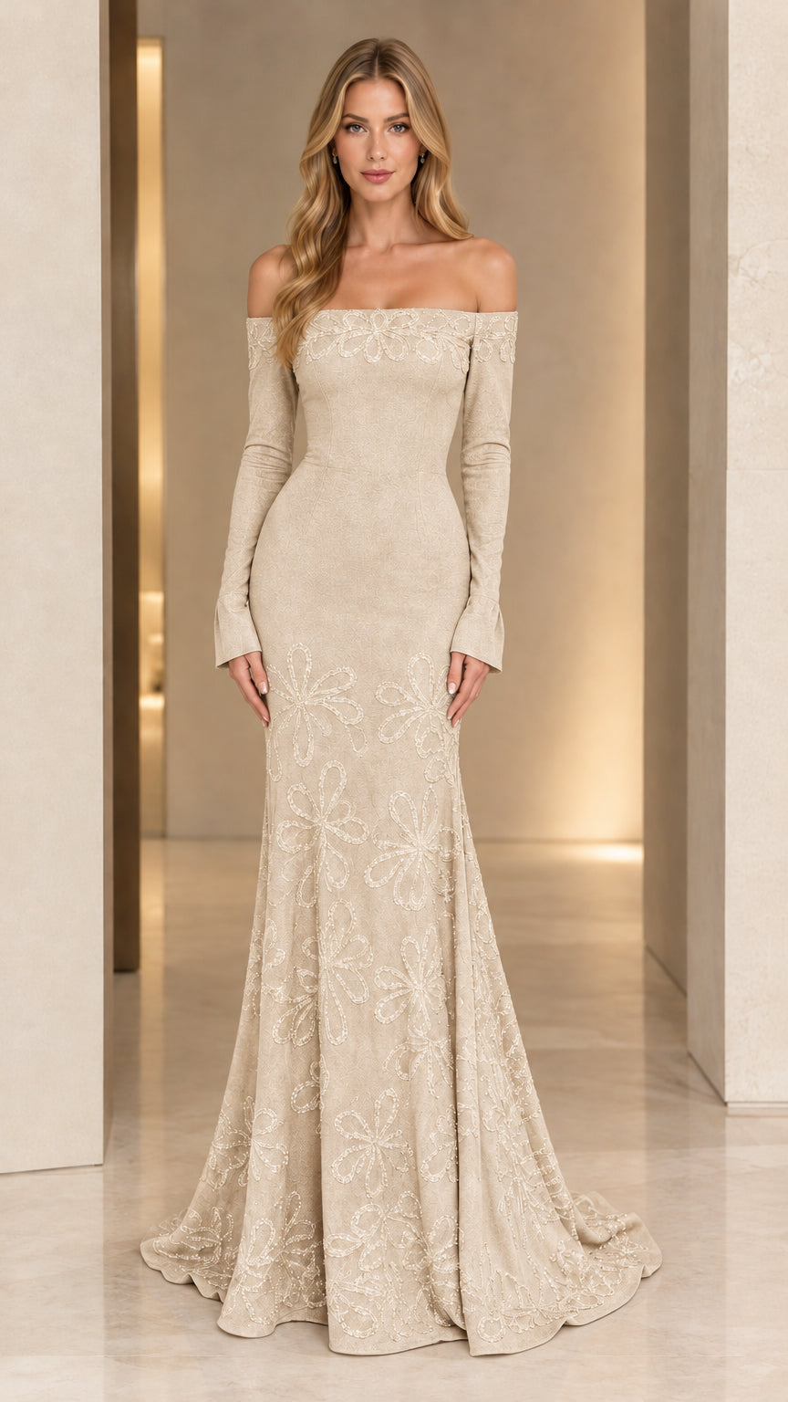 Champagne off-the-shoulder long sleeve formal gown with beaded details