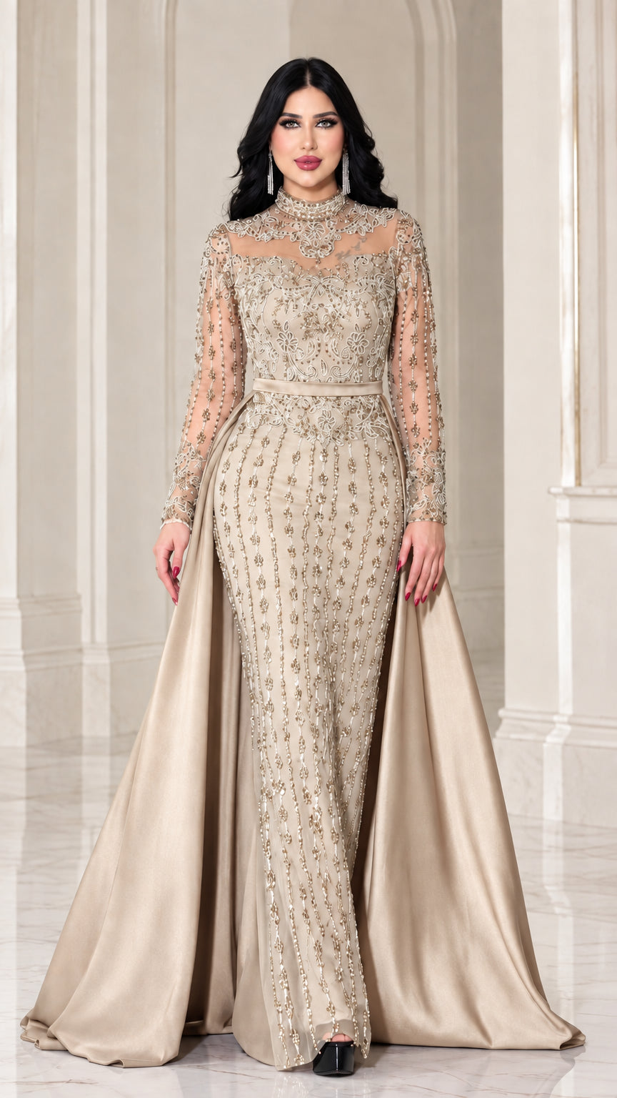 Champagne gold embellished illusion high neck evening gown with satin train