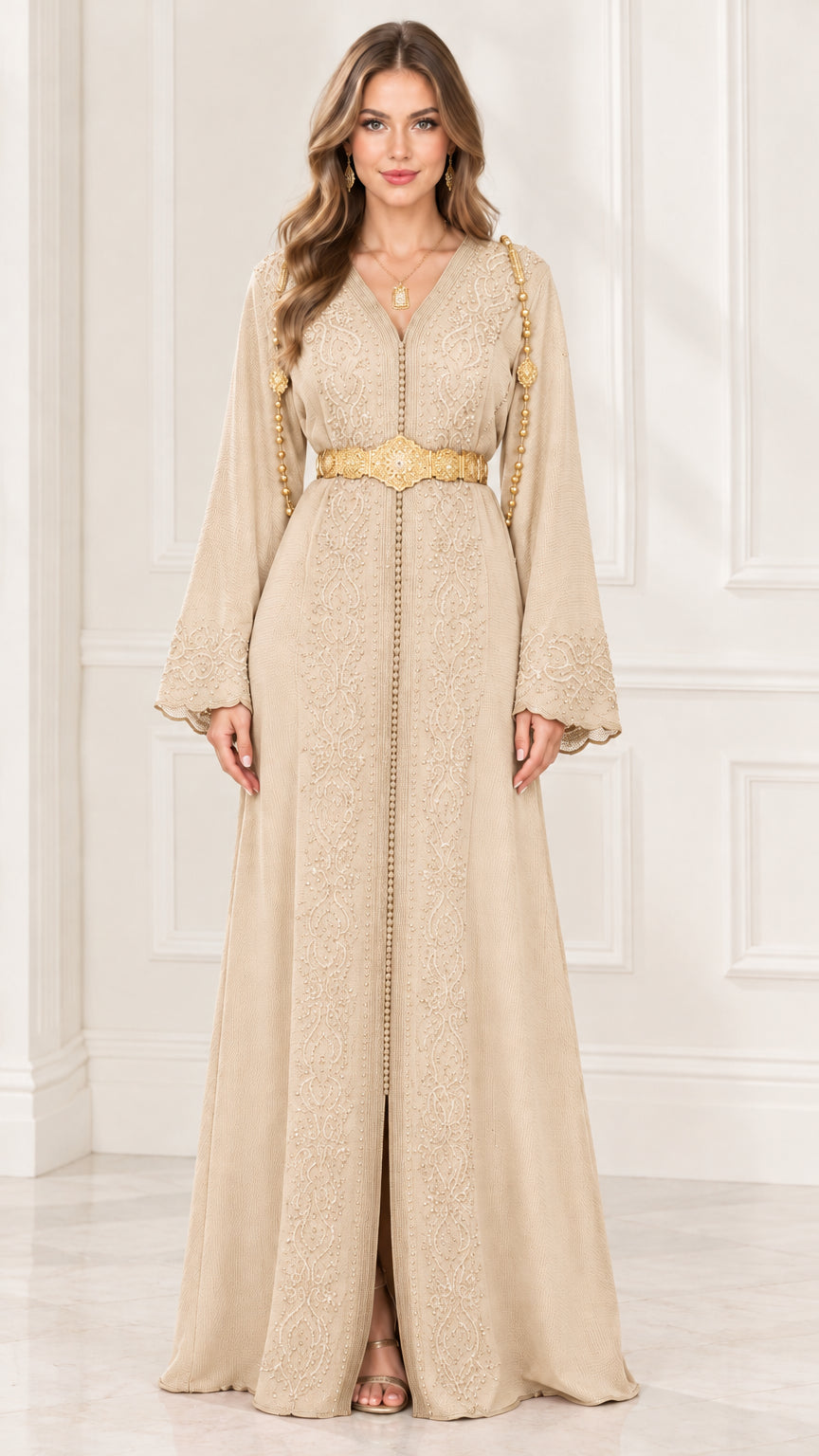 Full front view of Beige embroidered kaftan maxi dress with gold belt