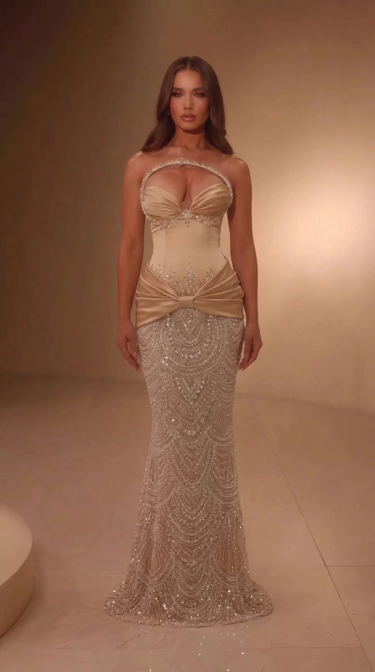 Champagne gold embellished corset formal evening gown