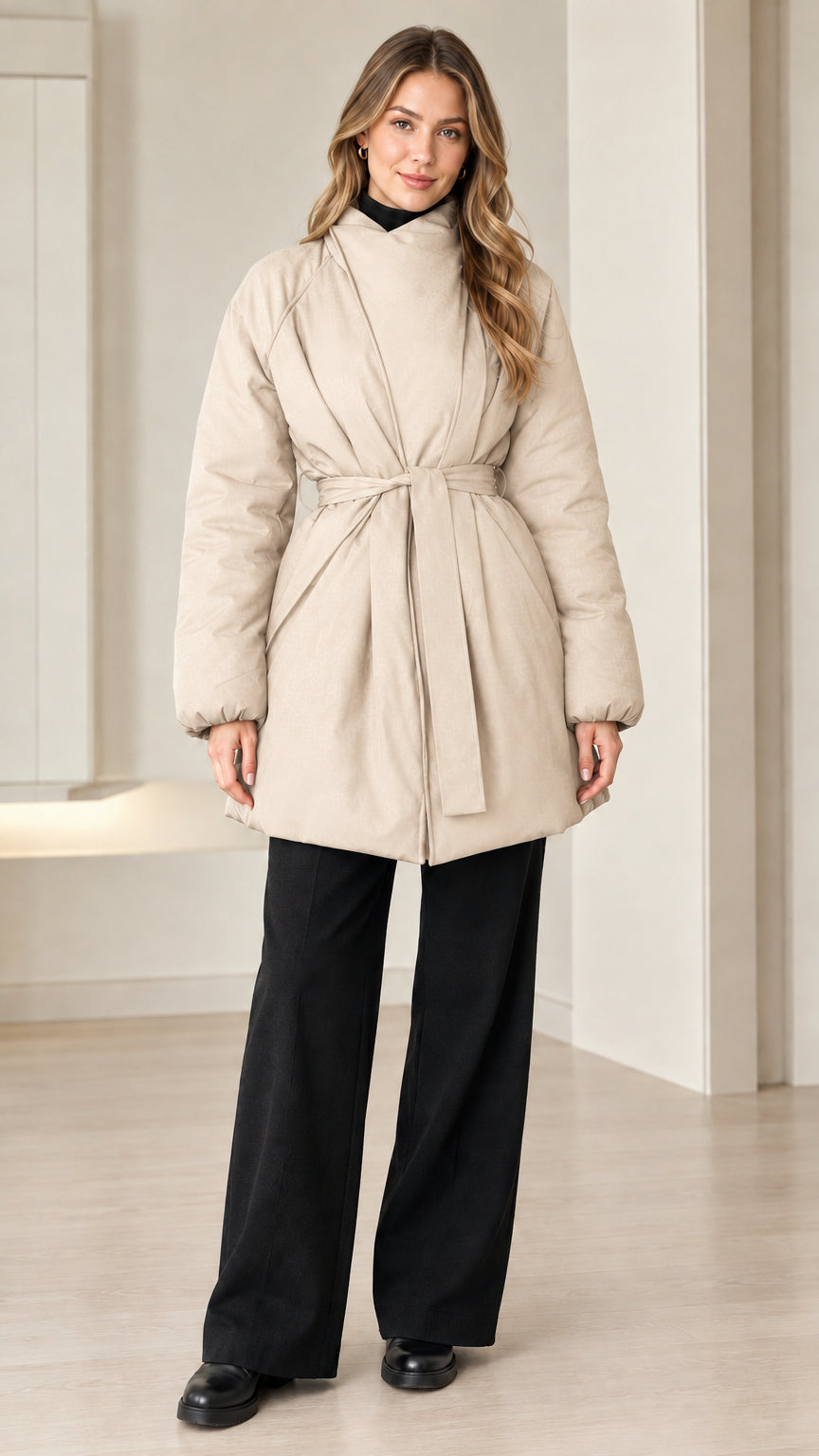 Model wearing beige cream belted puffer jacket with high stand wrap neck