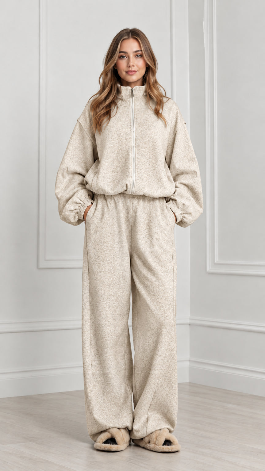 Women's oatmeal beige matching two-piece wide-leg loungewear set