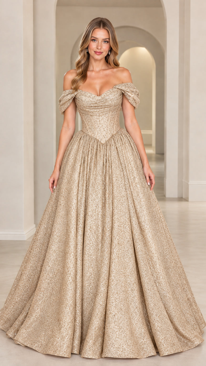 Front view of model wearing Champagne Gold glitter formal evening gown