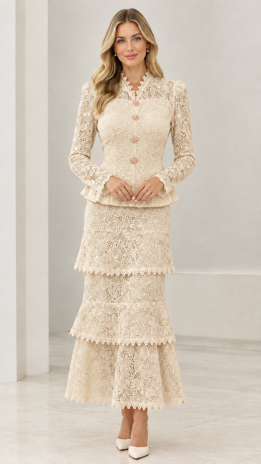 Front view of model in Champagne lace peplum jacket and tiered maxi skirt set
