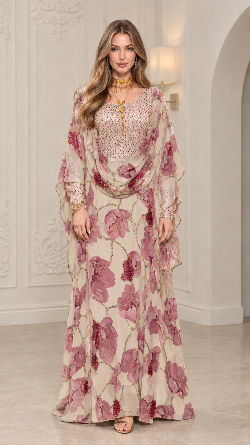 Front view of woman wearing Beige floral embellished kaftan maxi dress