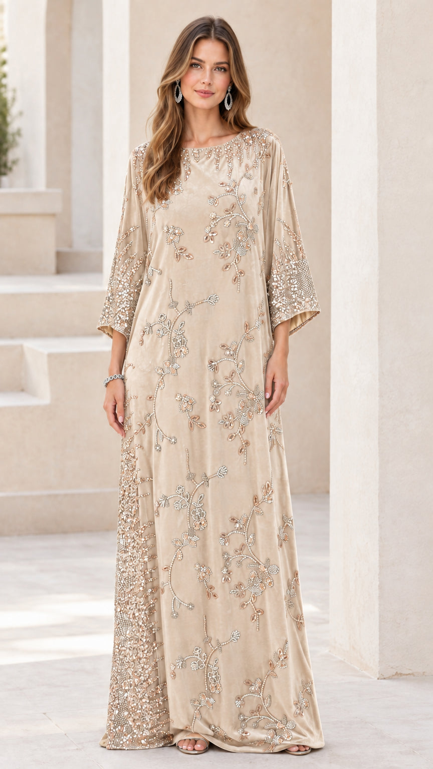 Front view of champagne beige embellished velvet kaftan maxi dress