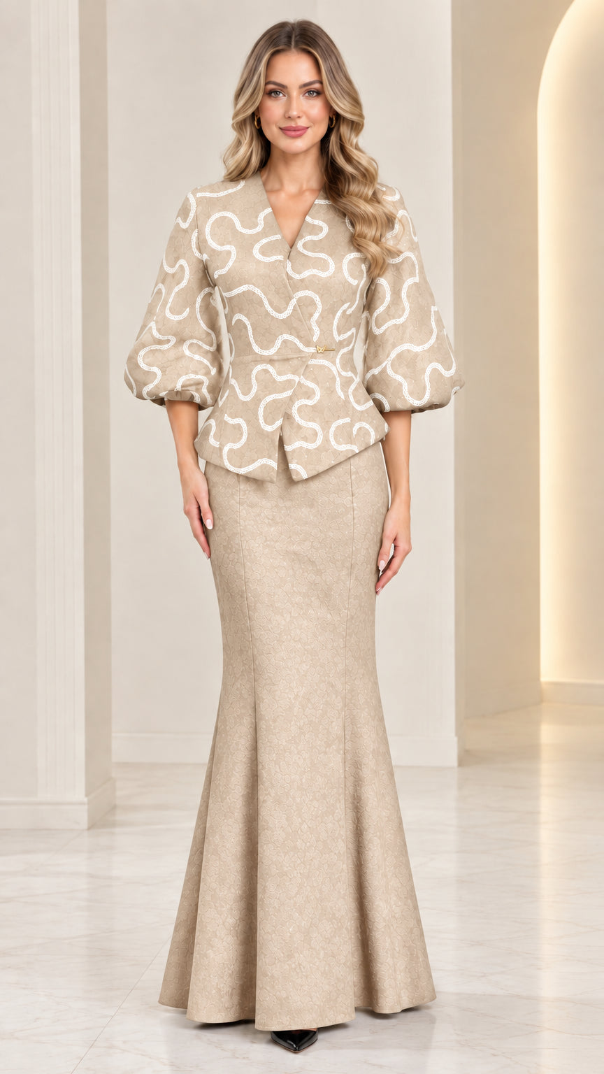 Champagne beige two-piece peplum top and mermaid maxi skirt formal set