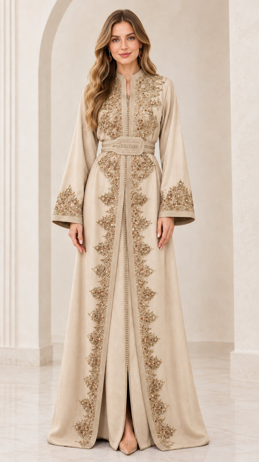 Model wearing Champagne gold-tone embroidered evening kaftan dress