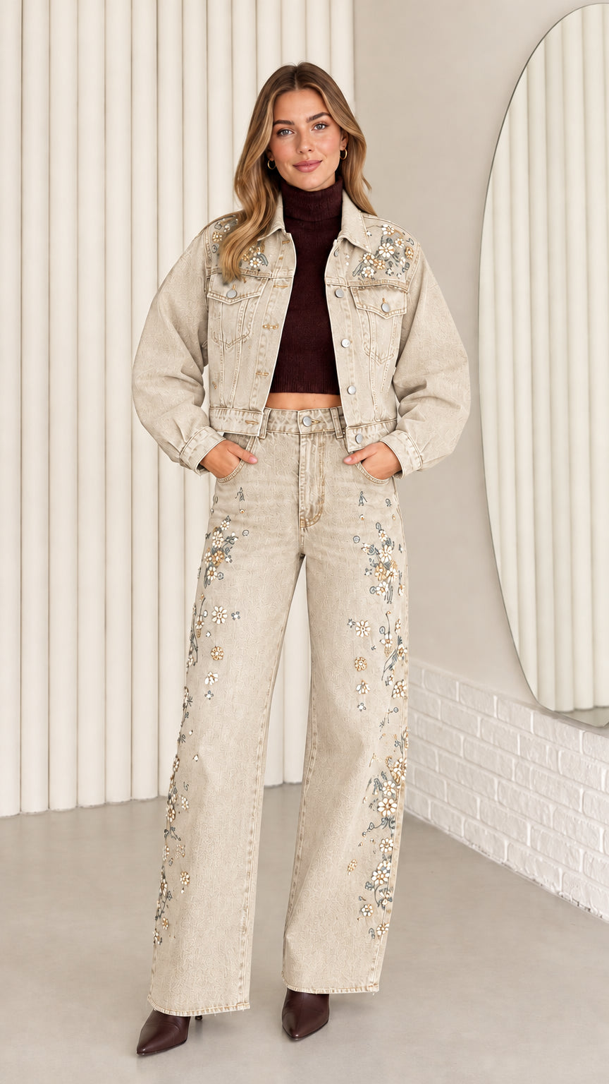 Model wearing Beige floral pearl embellished denim jacket and wide-leg pants set
