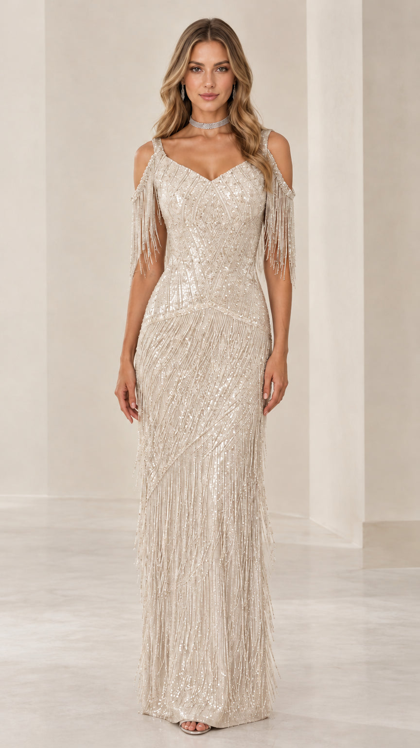 Front view of woman wearing Champagne sequin cold-shoulder fringe maxi evening gown