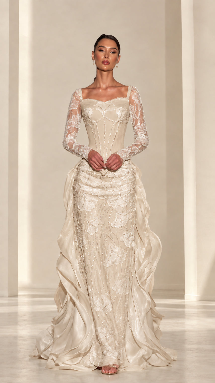 Front view of champagne gold embroidered corset formal gown