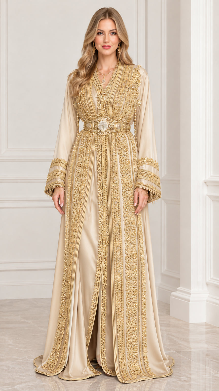 Full front view of champagne gold Moroccan caftan gown with gold embroidery