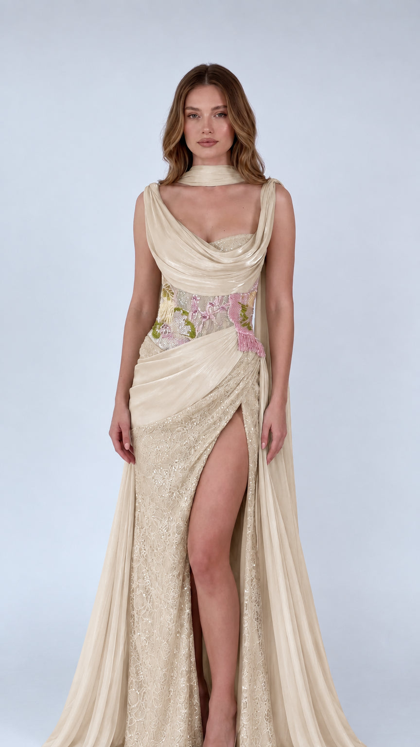 Champagne gold draped cowl neck cape dress with sequined lace slit skirt