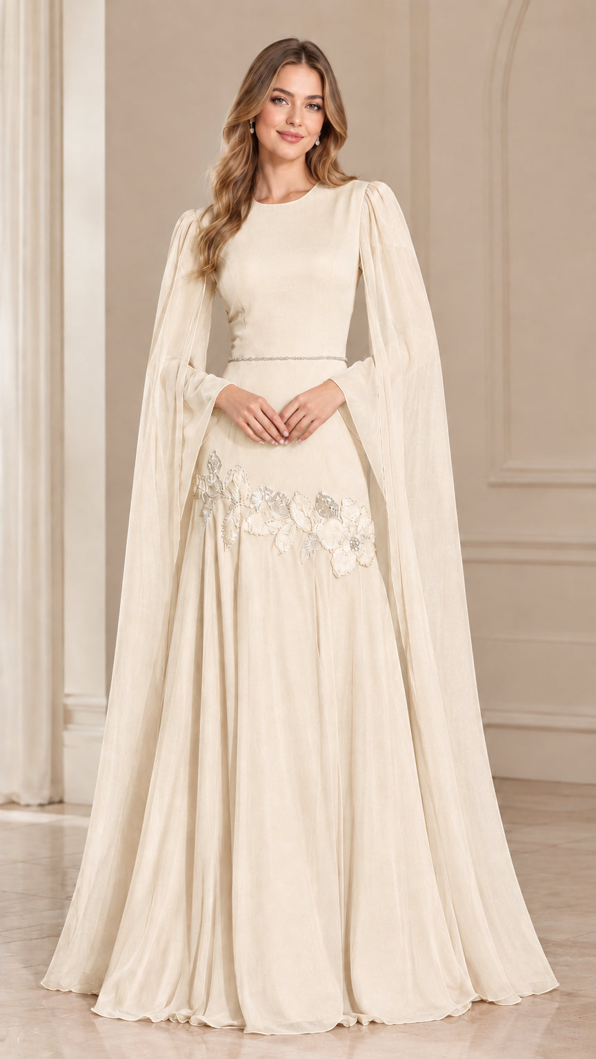 Model wearing Champagne ivory floor-length cape sleeve evening gown