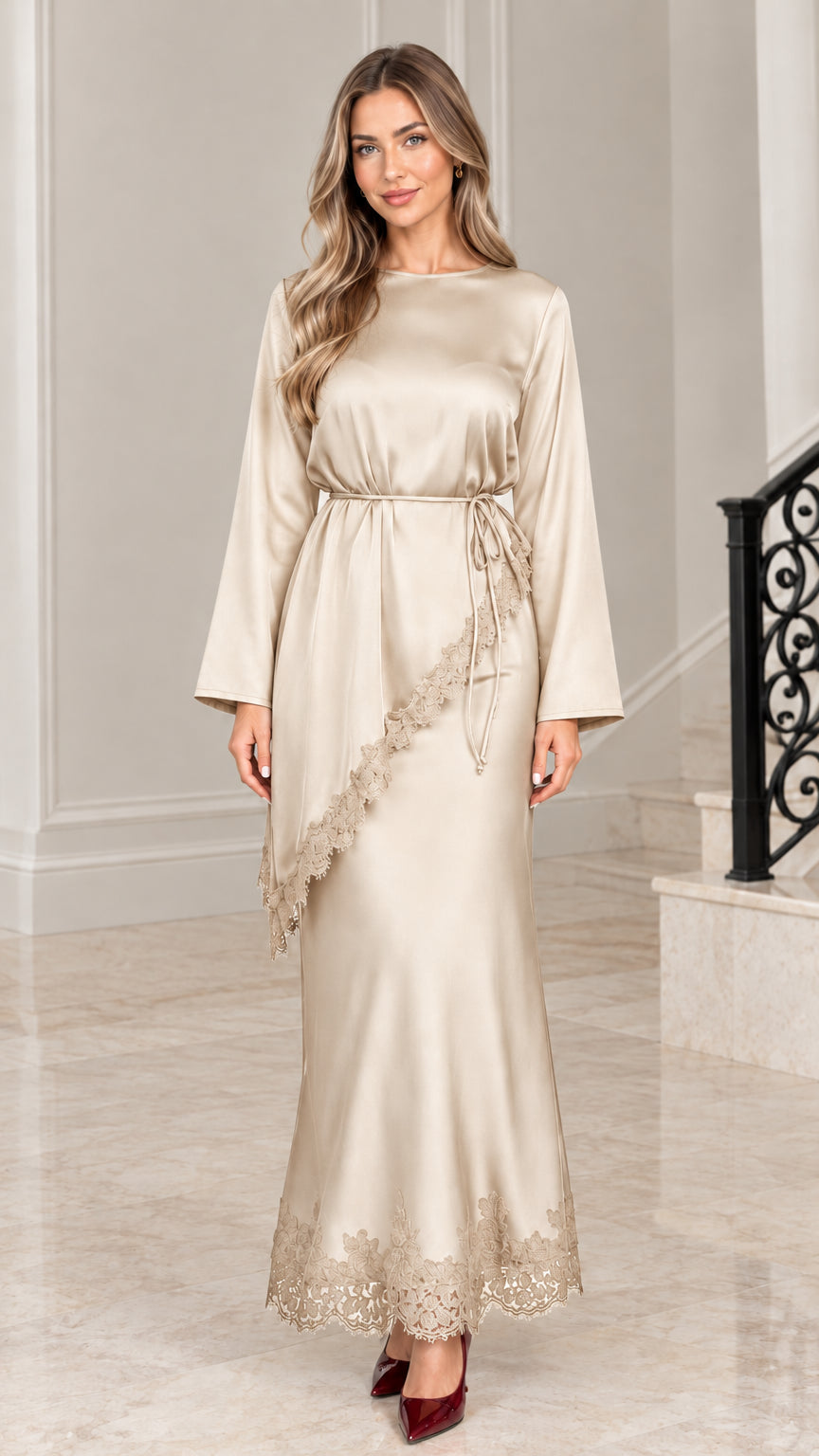 Champagne gold satin long sleeve maxi dress with lace accents