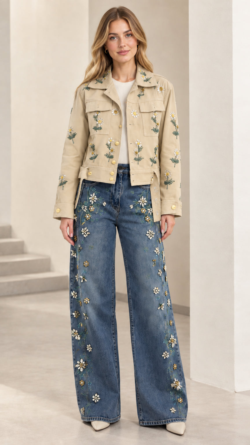 Full look featuring beige floral embroidered utility jacket
