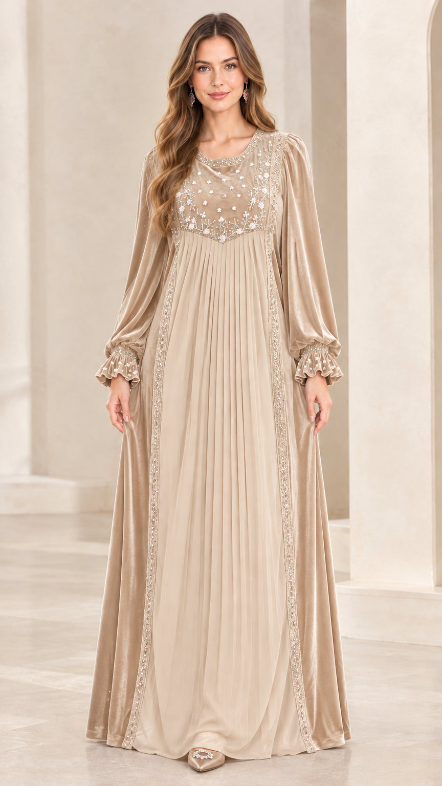 Full-length front view of woman wearing Champagne beige embroidered velvet pleated maxi dress