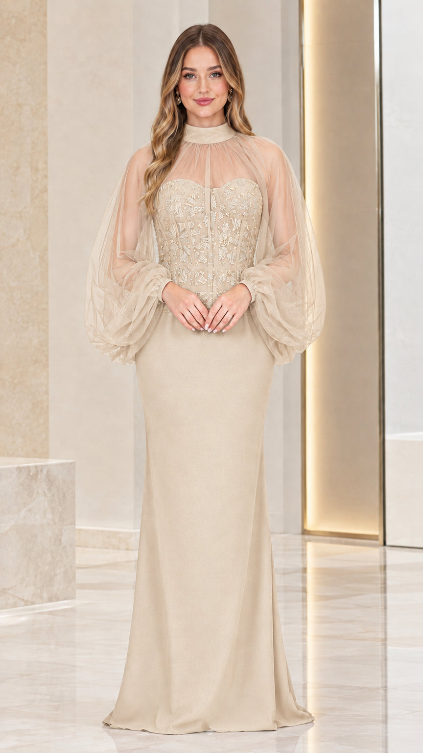 Champagne beige formal evening gown with sheer tulle overlay and lace bodice