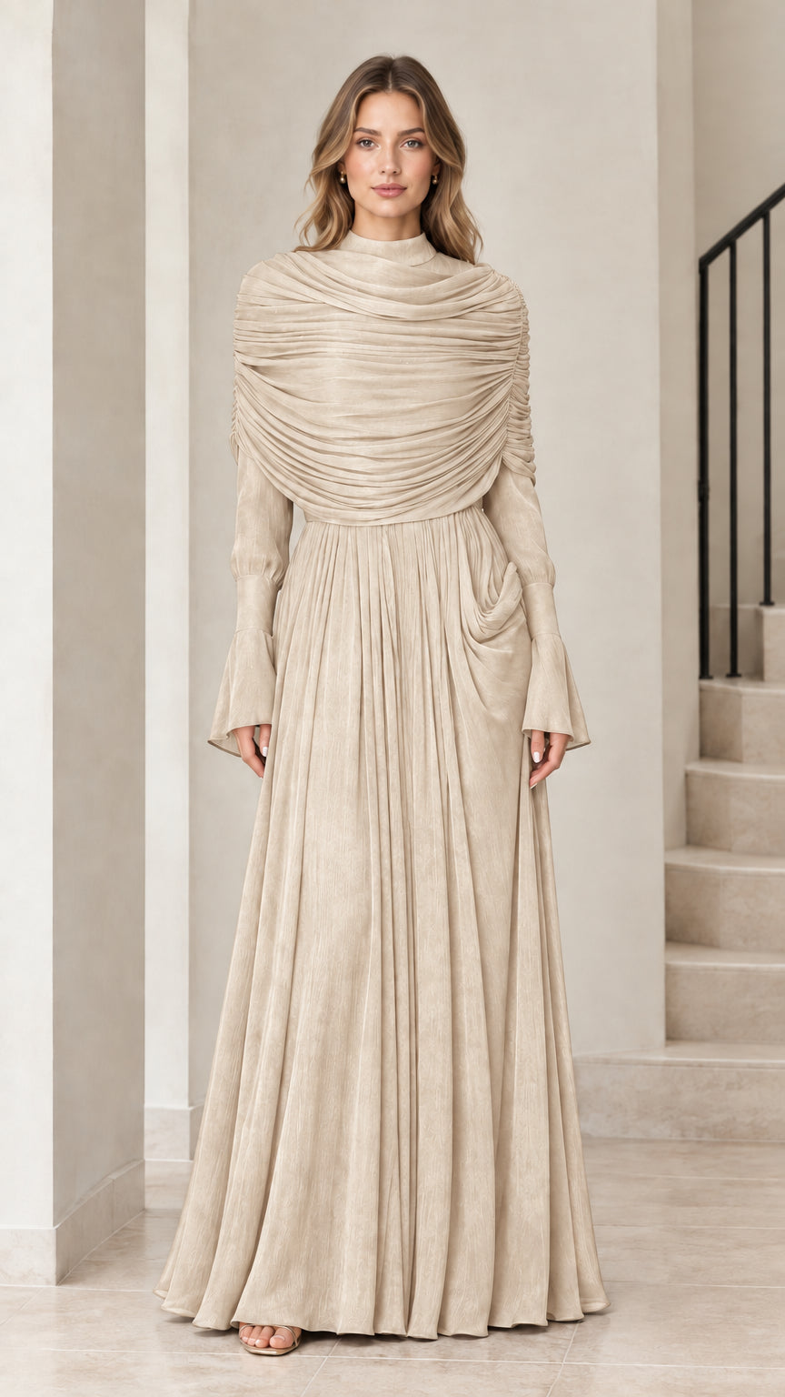 Front view of Champagne beige high neck pleated formal evening gown