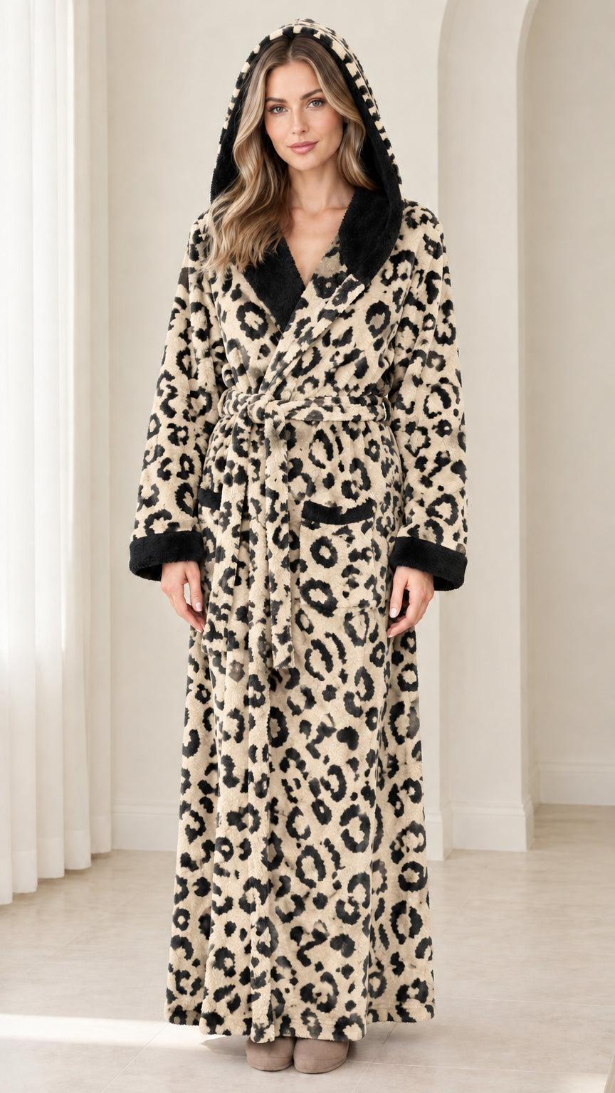 Front view of woman wearing beige leopard print plush hooded bathrobe