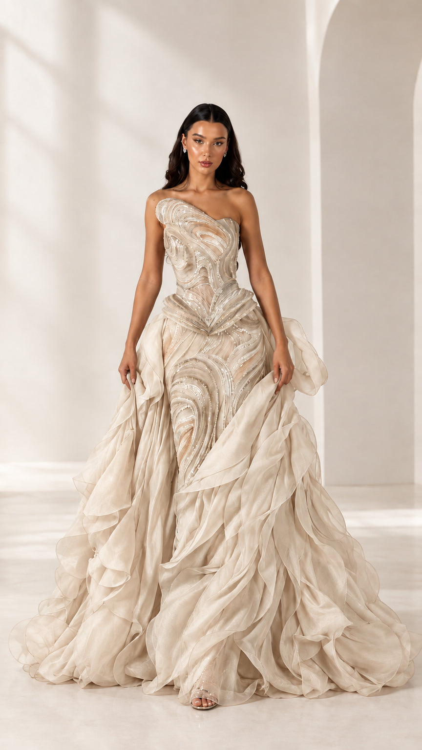 Front full-length view of model wearing champagne gold one-shoulder tiered ruffle gown
