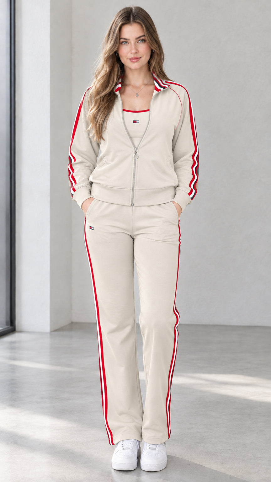 Front view of woman wearing cream beige contrast stripe track jacket and pants set