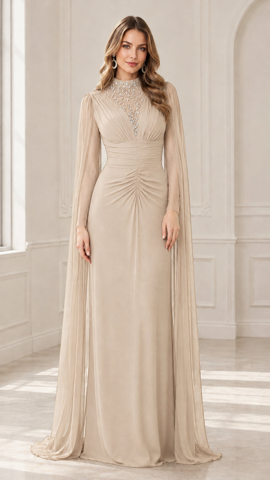 Front view of champagne beige rhinestone embellished evening gown