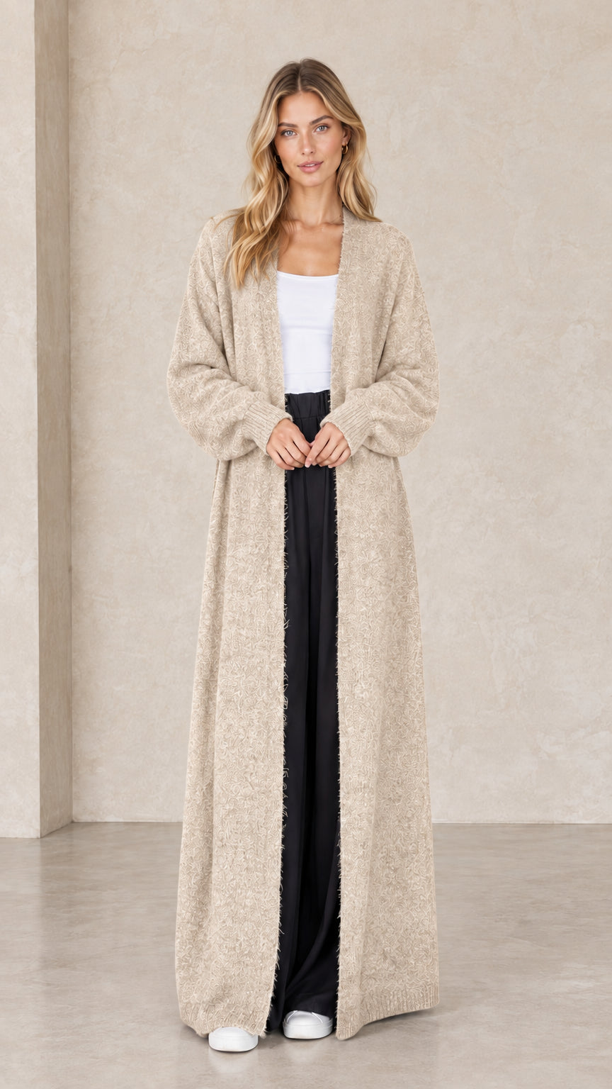 Full-length view of oatmeal beige cozy maxi duster cardigan