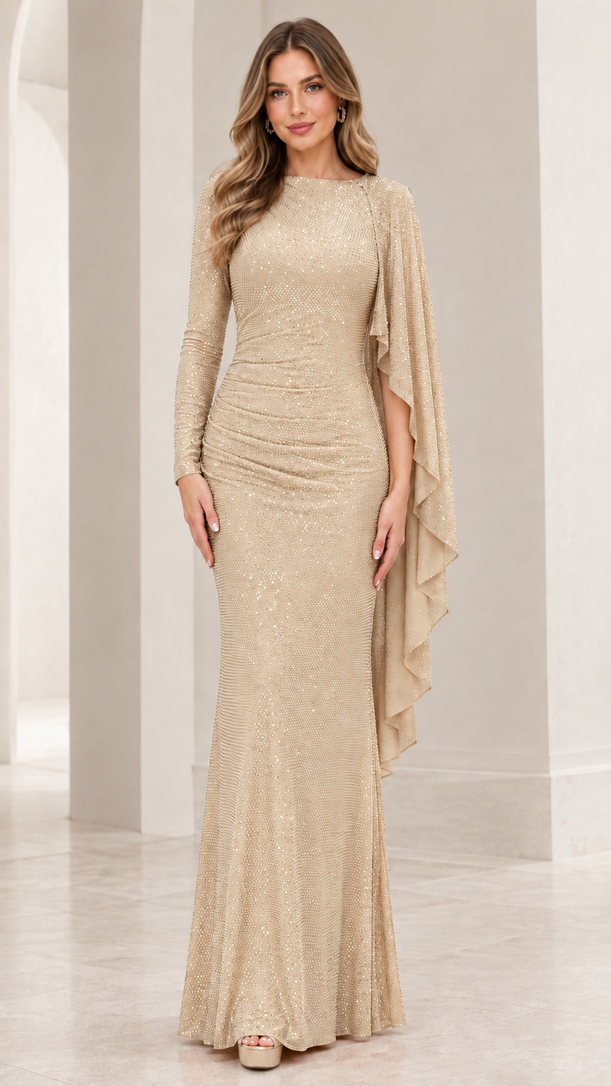 Champagne gold sequined column maxi gown with dramatic cape sleeve