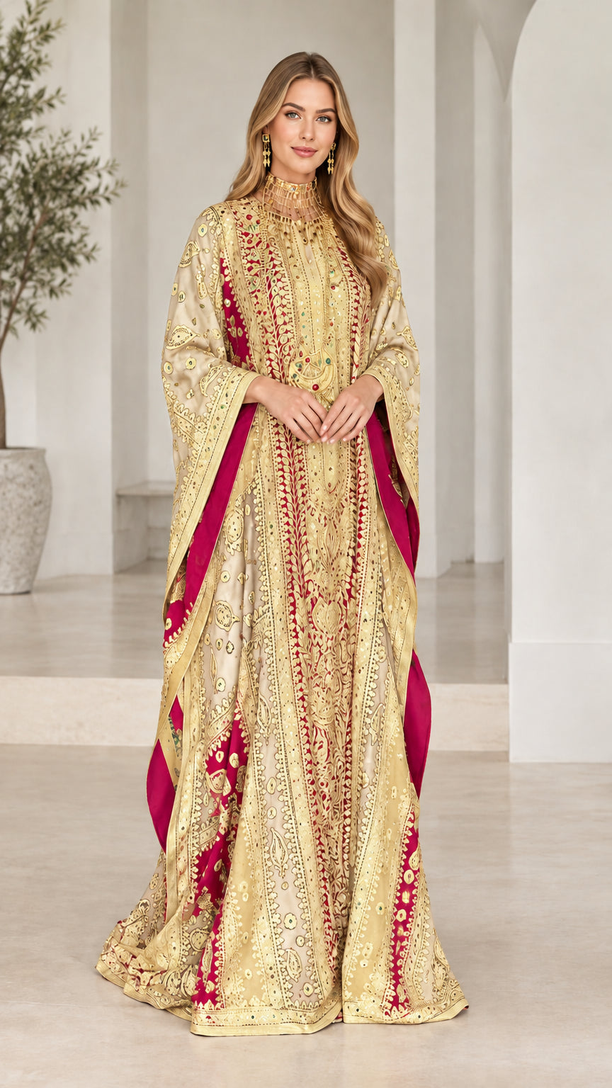Champagne gold embroidered formal evening kaftan dress