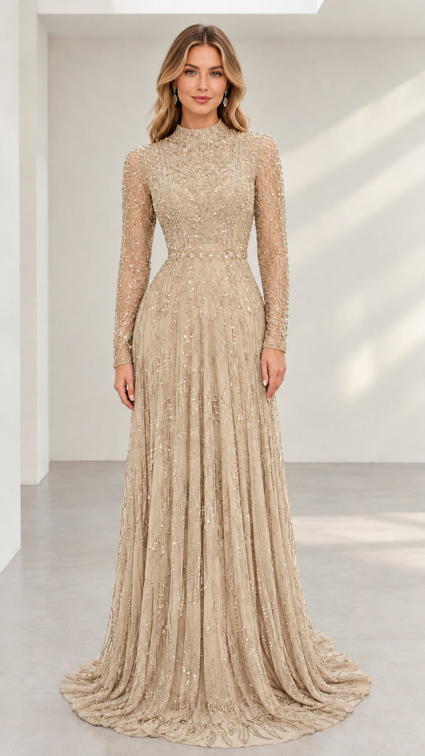 Front view of champagne gold beaded long sleeve formal maxi dress
