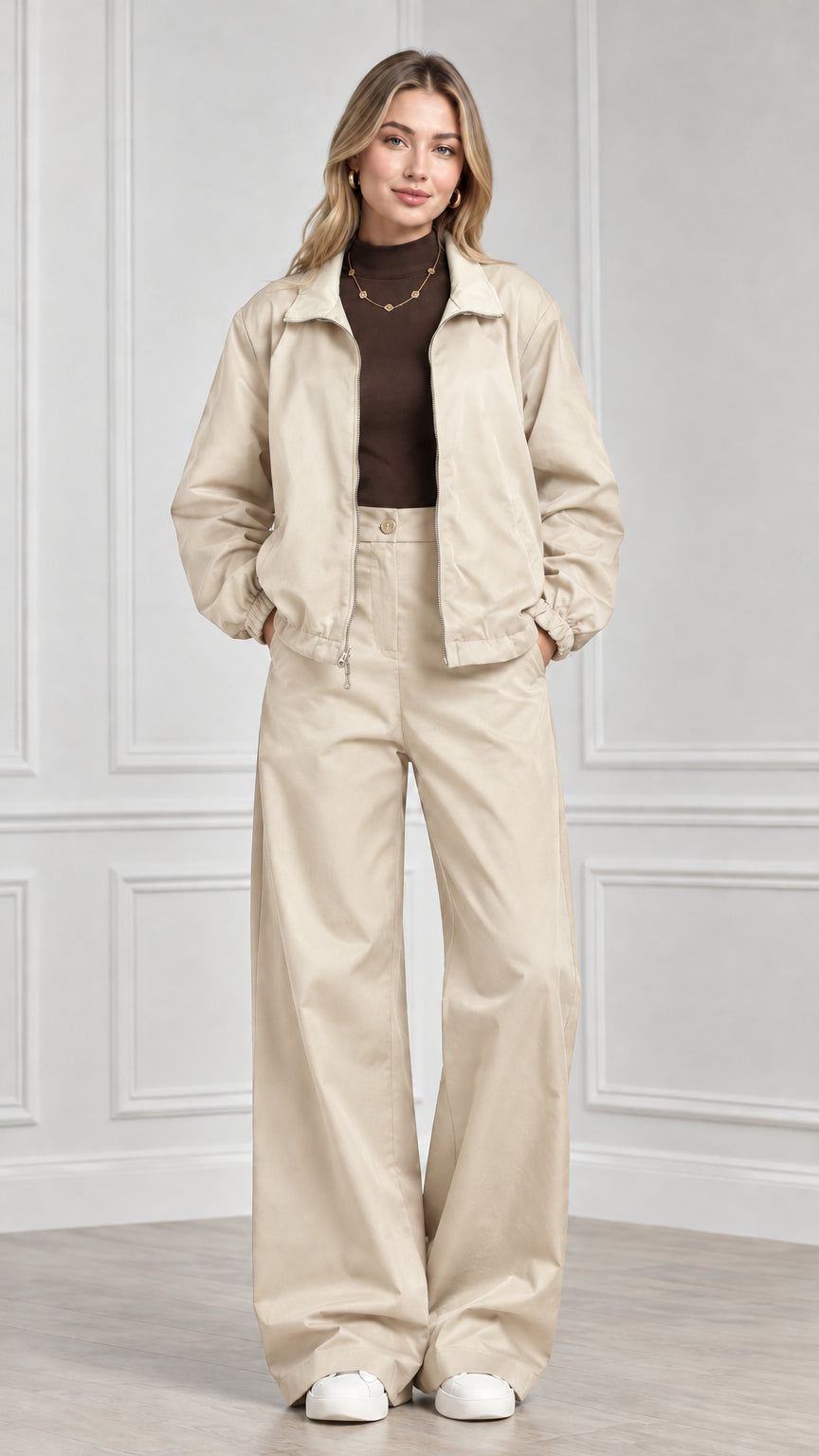 Front view of model wearing beige khaki two-piece jacket and wide-leg trouser set