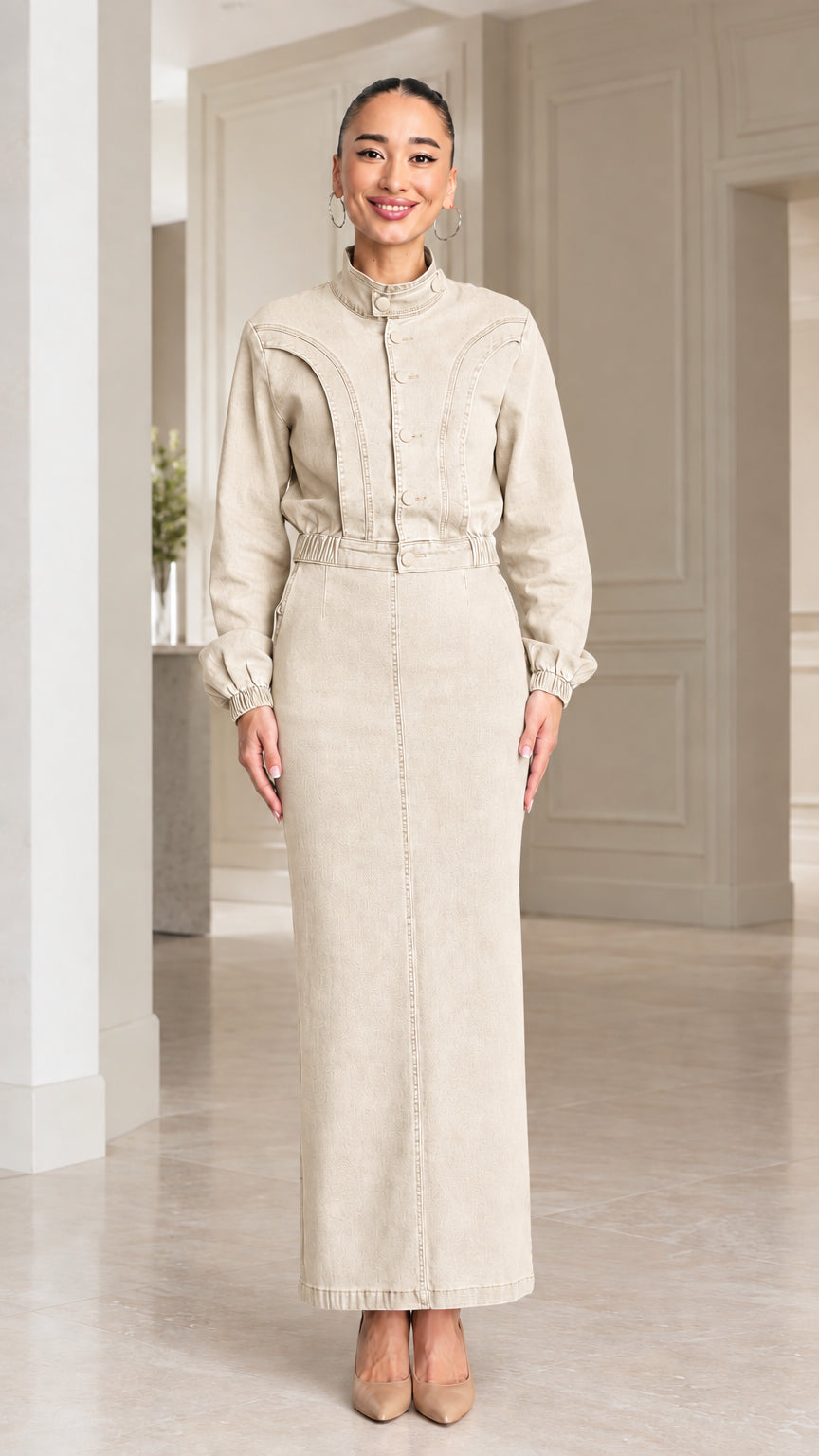 Full-length front view of model wearing Beige neutral long sleeve denim maxi dress