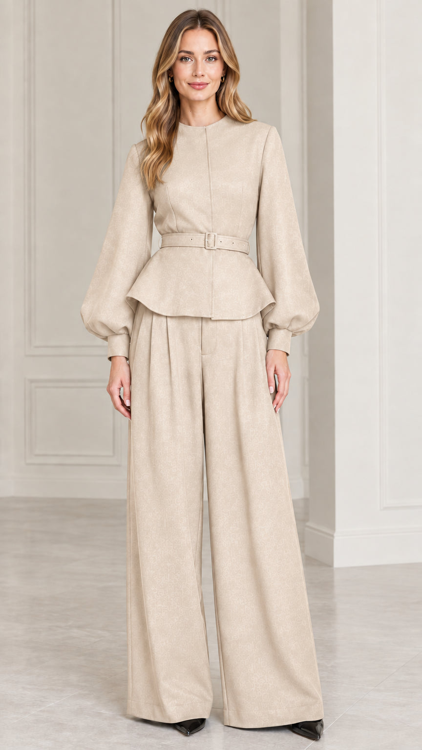 Full-length studio shot of model wearing Beige belted peplum top and wide-leg pants set