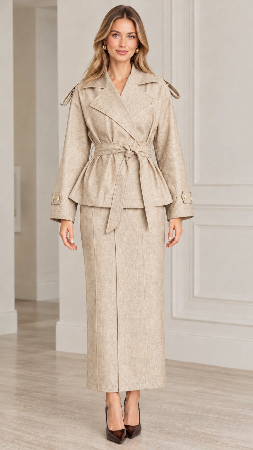 Front view of model wearing Beige khaki belted trench jacket and maxi skirt set