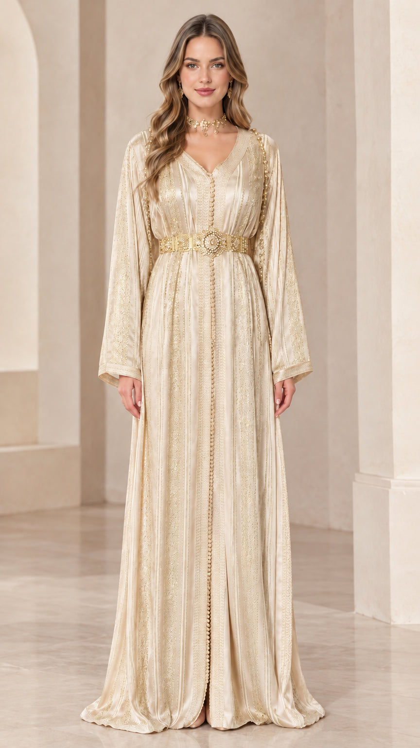 Front view of model wearing Champagne metallic embroidered belted kaftan dress