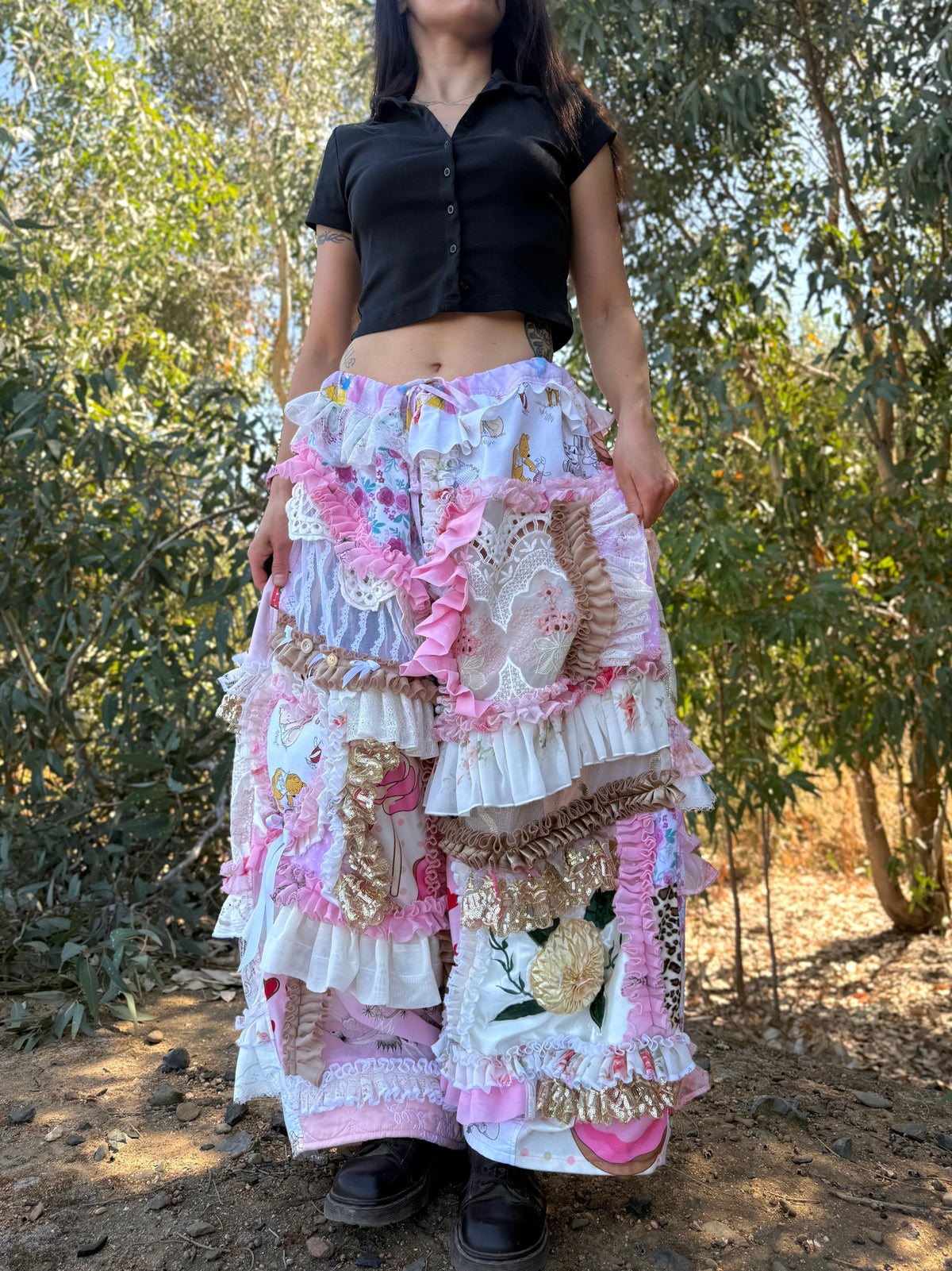 Upcycled Adjustable-Waist Ruffle Pants