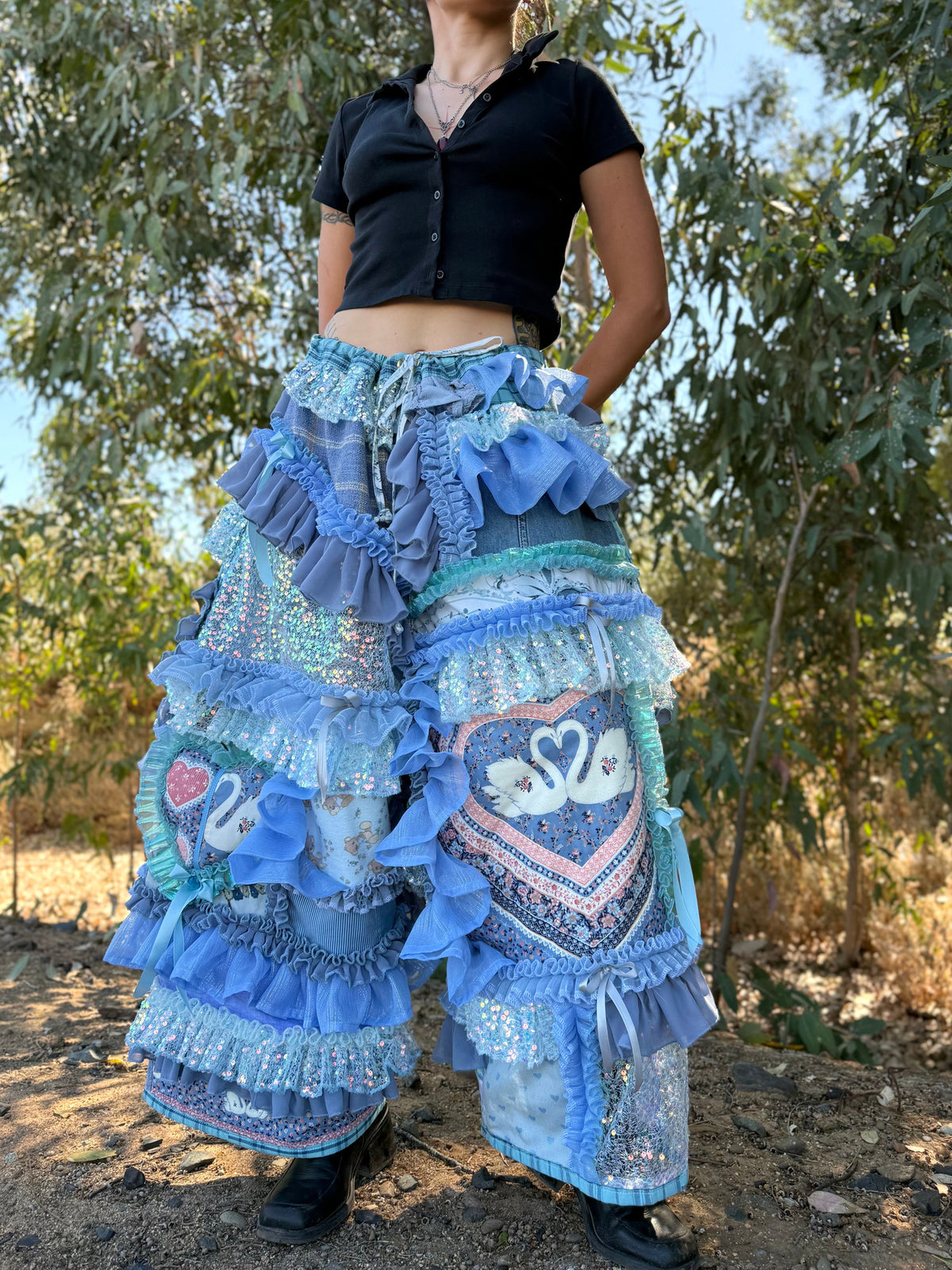 Upcycled Adjustable-Waist Ruffle Pants