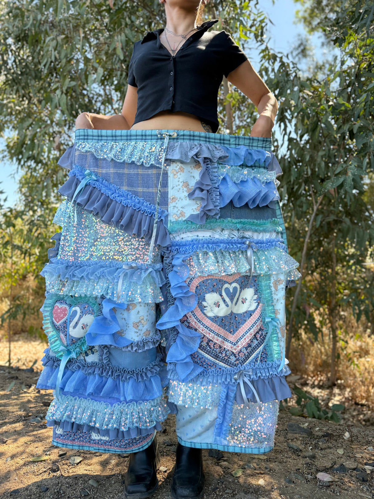 Upcycled Adjustable-Waist Ruffle Pants
